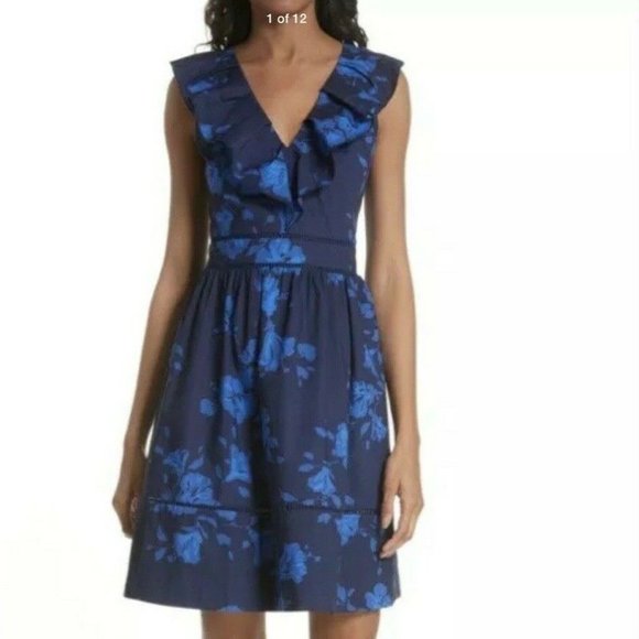 NWT Kate Spade Hibiscus Ruffle Dress 100% Cotton Navy & Blue - Size 2 - Picture 2 of 15
